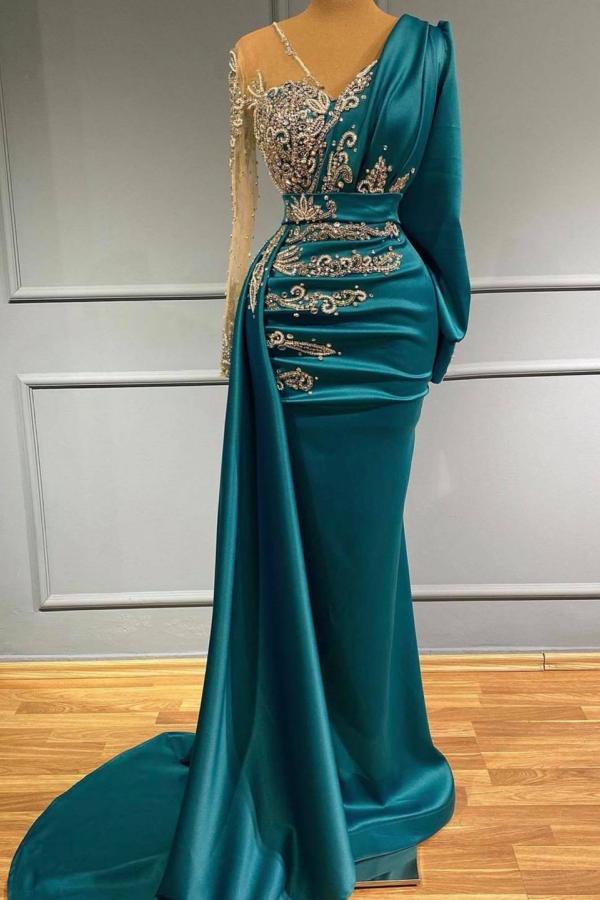 Long Mermaid V-neck Satin Fomral Evening Dress with Sleeves