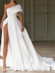 Long A-Line One Shoulder Chiffon Simple Wedding Dresses	 with Slit