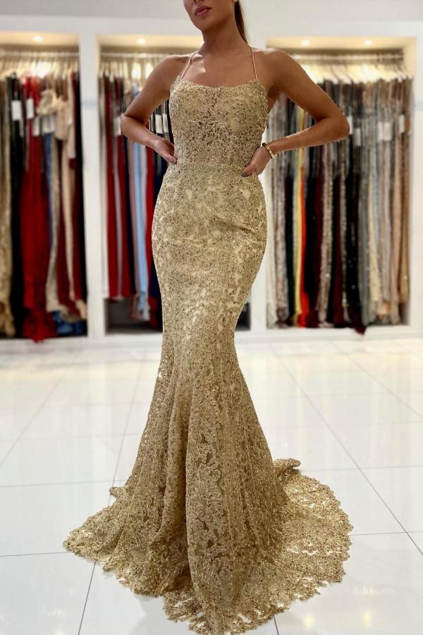 Elegant Long Spaghetti Straps Backless Appliques Lace Ruffles Mermaid Prom Dress