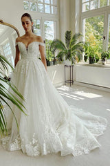 Elegant White Long A-line Off the Shoulder Tulle Lace Wedding Dresses