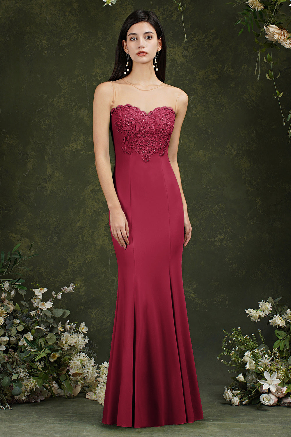 Stunning Long Mermaid Bateau Appliques Lace Ruffles Formal Dress