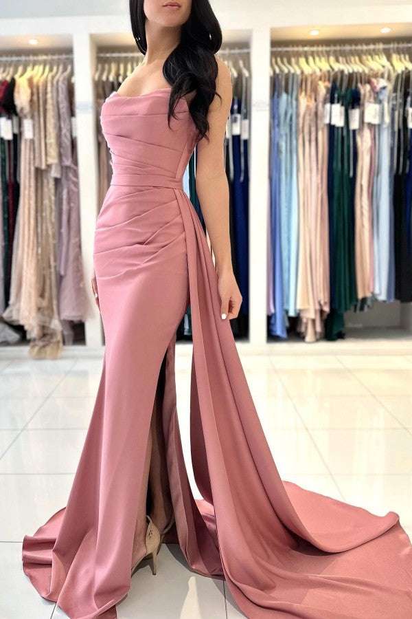 Simple Long Mermaid Strapless Satin Formal Prom Dresses