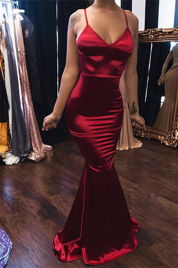 Long Mermaid V-neck Satin Backless Formal Prom Dress