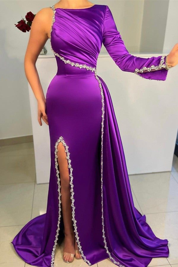 Long Sleeves One Shoulder Asymmetrical Beading Floor Length Satin Prom Dress with Slit