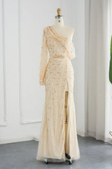 Stunning Long Mermaid One Shoulder Tulle Front Slit Evening Dress with Sleeves