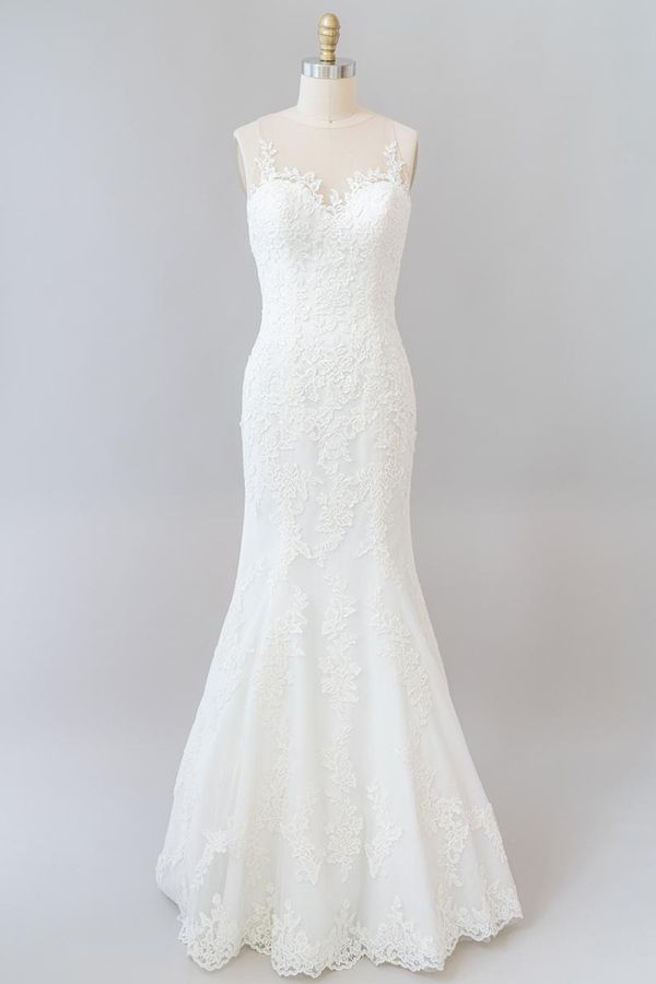 Long Tulle Lace Illusion Appliques Mermaid Wedding Dress