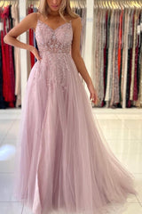 Long A-line V-neck Tulle Beaded Backless Prom Dress with Slit