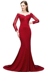 Long Off the Shoulder Satin Mermaid Evening Formal Dress with Sleeves