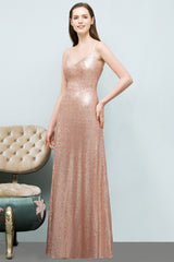 A-line Sequined V-Neck Spaghetti Straps Sleeveless Floor Length Bridesmaid Dress