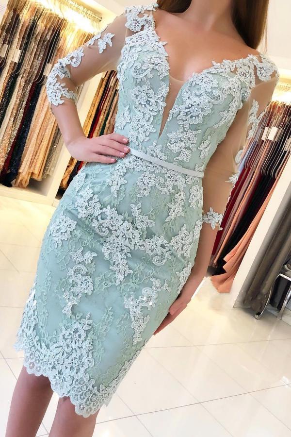 Chic Short Mermaid Off the Shoulder Lace Party Dress with Sleeves