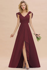 Simple High Low A-line V-Neck Ruffles Chiffon Burgundy Bridesmaid Dress