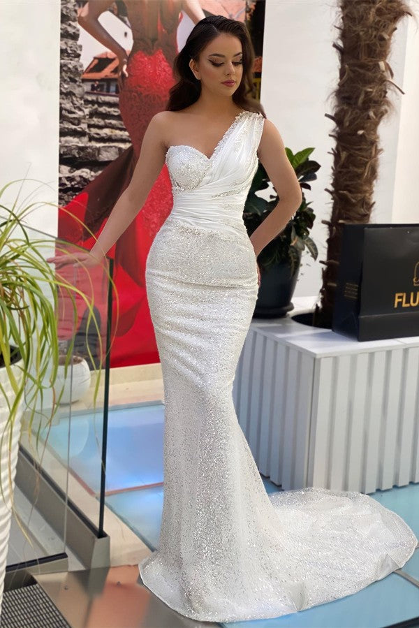 Charming White Long Mermaid One Shoulder Ruffles Sequined Prom Dress