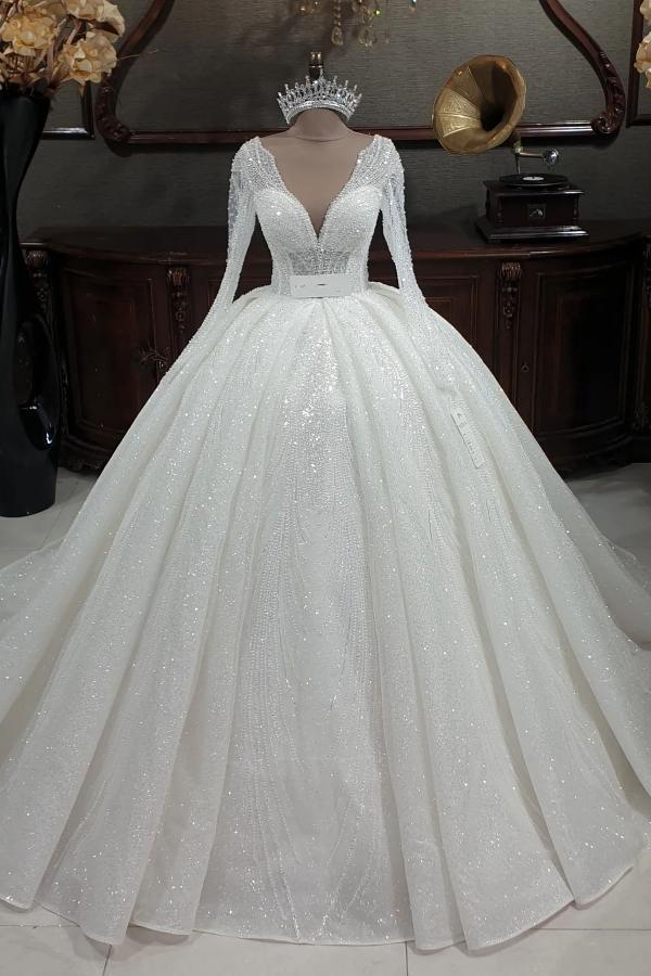 Gorgeous Long Ball Gown V-neck Glitter Sequins Wedding Dresses with Sleeves