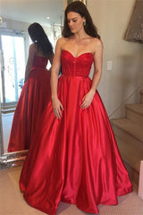 Long Sweetheart Appliques Satin A-line Red Prom Dress