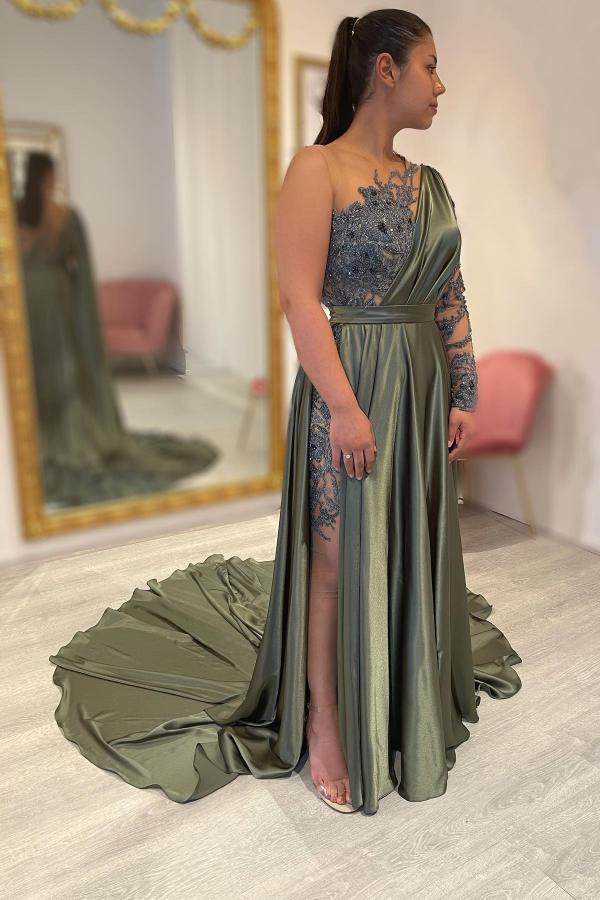 Elegant Long A-line One Shoulder Satin Lace Formal Dresses with Sleeves