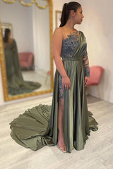 Elegant Long A-line One Shoulder Satin Lace Formal Dresses with Sleeves