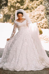 Elegant Ball Gown Scoop Neck Lace Tulle Long Appliques Wedding Dress with sleeves