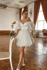 Short A-line Off the Shoulder White Tulle Knee Length Prom Dress	 with Sleeves