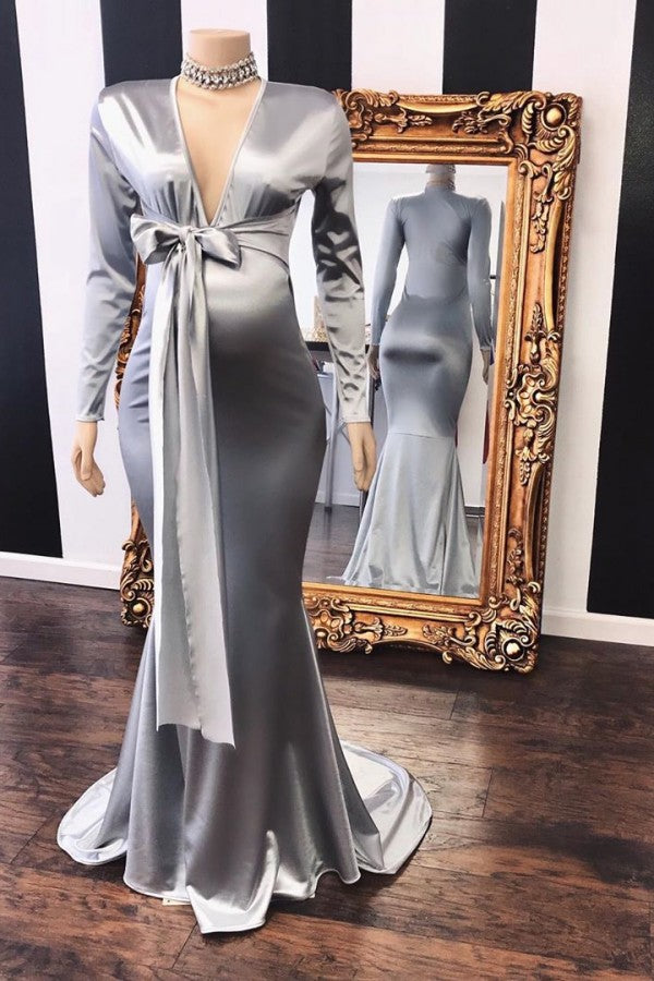 Elegant Long Mermaid V-neck Pregnant Formal Dresses with Sleeves