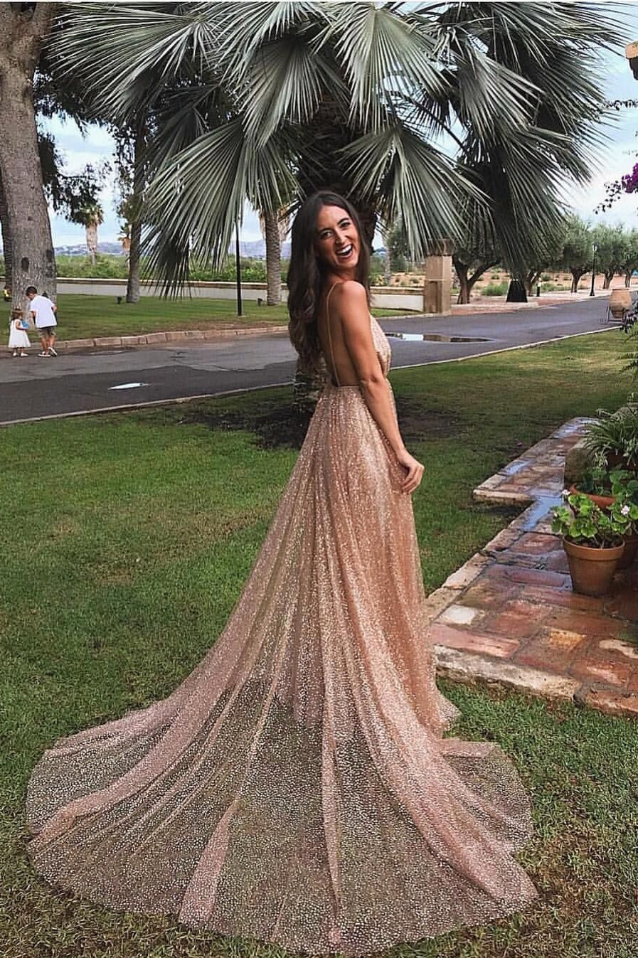 Long V-neck Spaghetti Straps Sequined Backless A-line Prom Dress