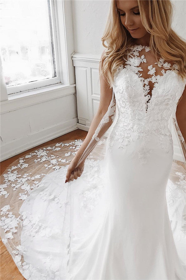 Elegant Long Tulle Lace Appliques White Mermaid Wedding Dresses