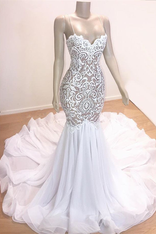 Long Spaghetti Straps Appliques Lace Mermaid Prom Dress