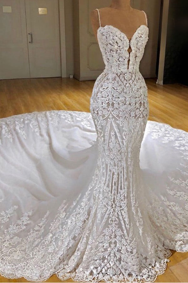 Elegant Long Spaghetti Straps Appliques Lace Mermaid Wedding Dresses