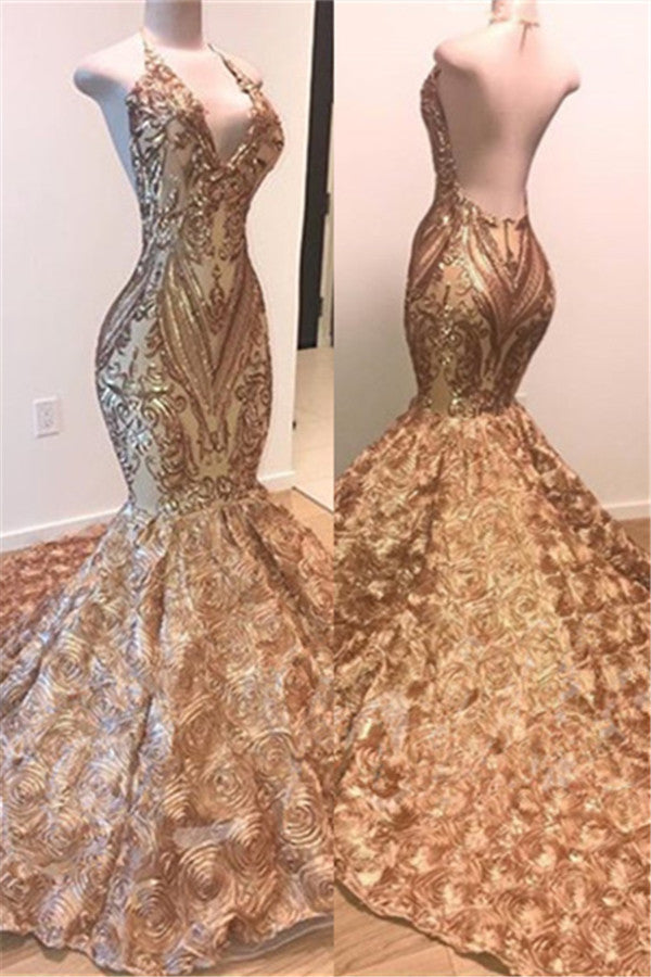 Long V-neck Satin Open Back Mermaid Prom Dress