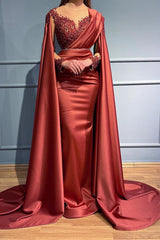 Long Sleeves Mermaid Ruched Satin Beads Formal Evening Dress with Cape
