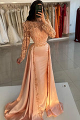 Long Sleeve Mermaid Lace Satin Formal Prom Dress with Train