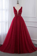 Burgundy Long V-neck Tulle A-line Burgundy Prom Dress