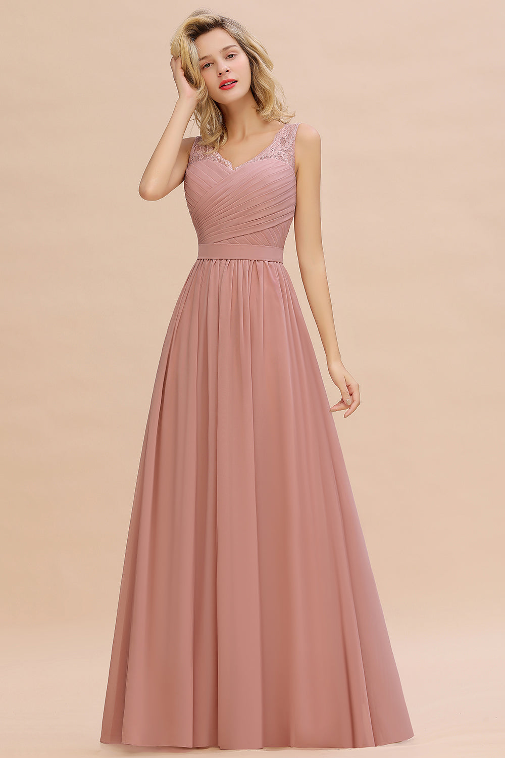 Classy Wide Straps V-neck A-line Floor Length Ruched Chiffon Bridesmaid Dress