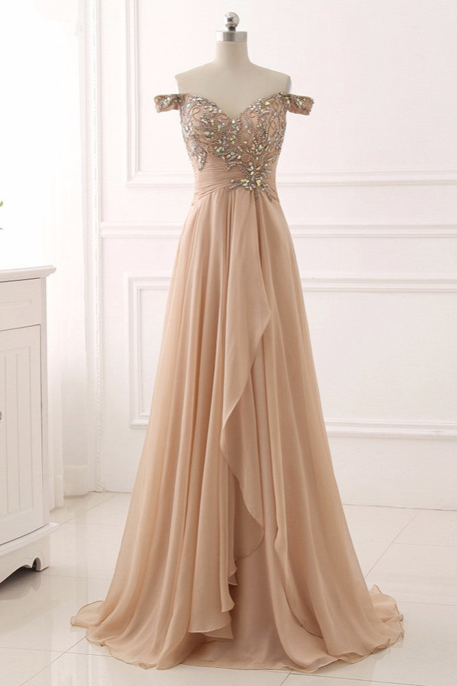 Long A-Line Off the Shoulder Beading Ruffles Chiffon Prom Dress