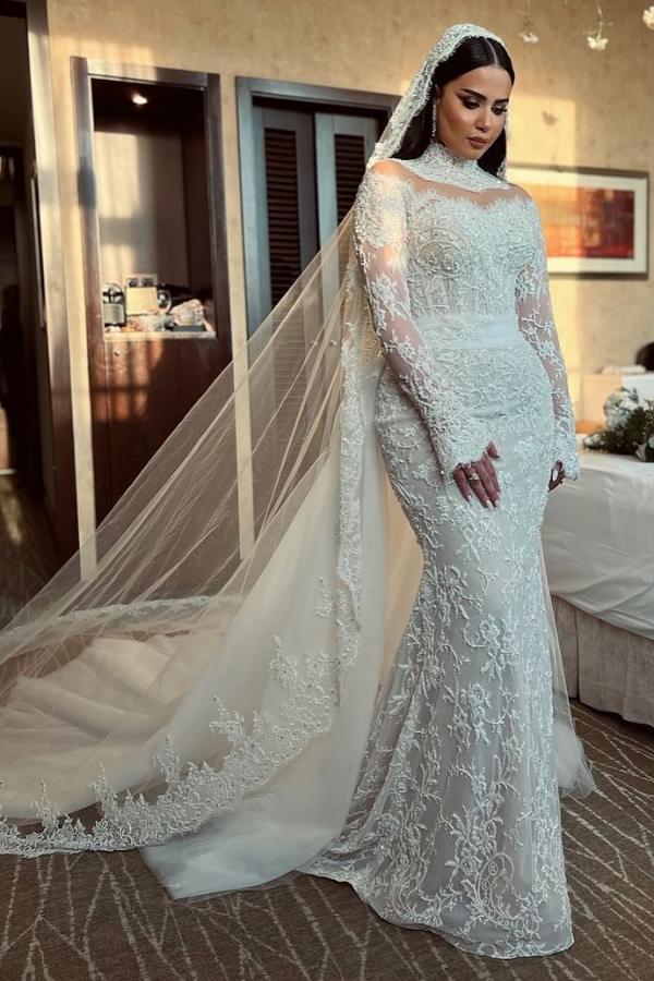 Plus Size High Neck Long Sleeve Lace Mermaid Wedding Dress with Detachable Train