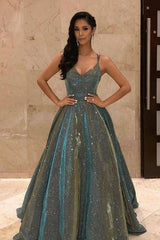 Long A-line V-neck Backless Floor Length Prom Dress With Ruffles