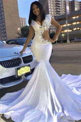 Elegant White Long V-neck Satin Mermaid Prom Dress