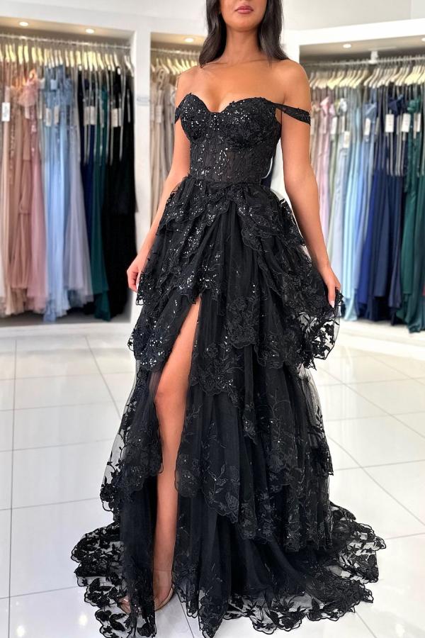 Off The Shoulder Sweetheart Lace A-Line Long Prom Dress with Slit