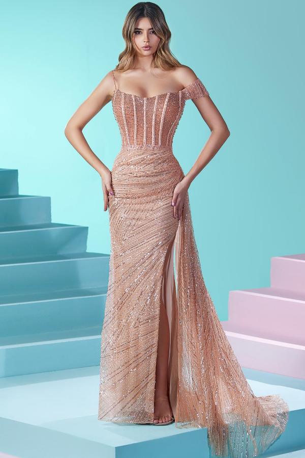 Elegant Long Mermaid Off the Shoulder Beading Prom Dresses with Slit