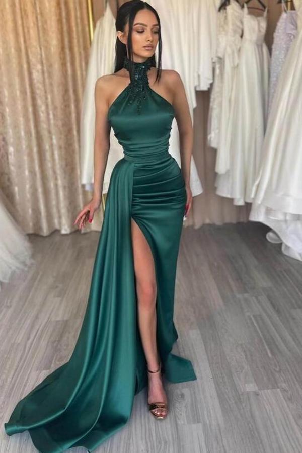 Modest Long Mermaid Halter Satin Sleeveless Prom Dress with Slit
