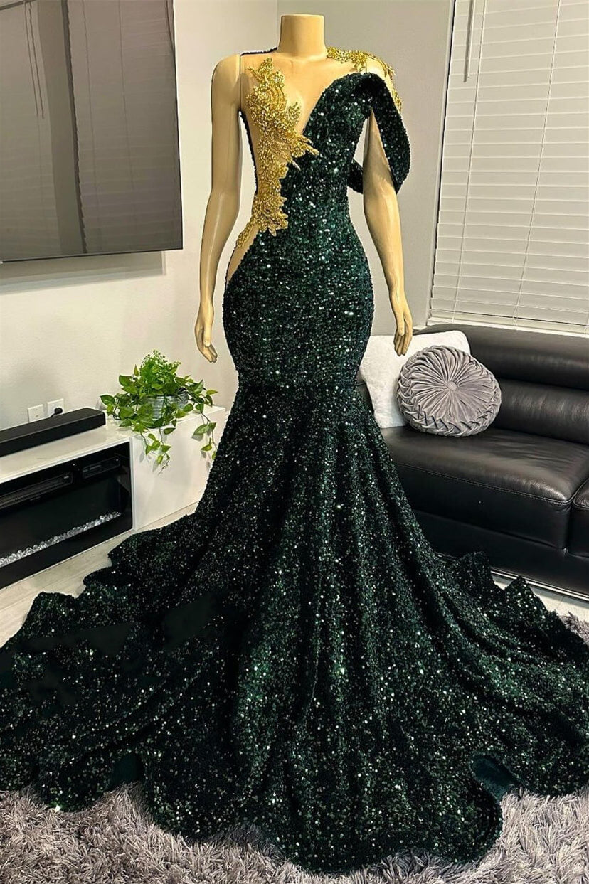 Sparkle Sequin Appliques Lace One Shoulder Mermaid Prom Dress