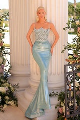 Spaghetti Straps Mermaid Beads Long Prom Dress with Appliques Lace