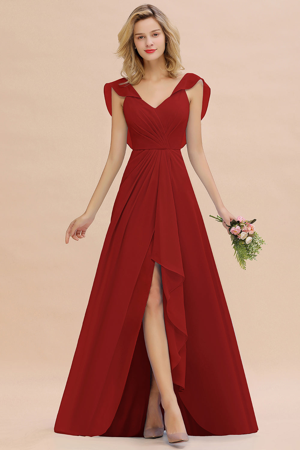 Simple High Low A-line V-Neck Ruffles Chiffon Rust Bridesmaid Dress