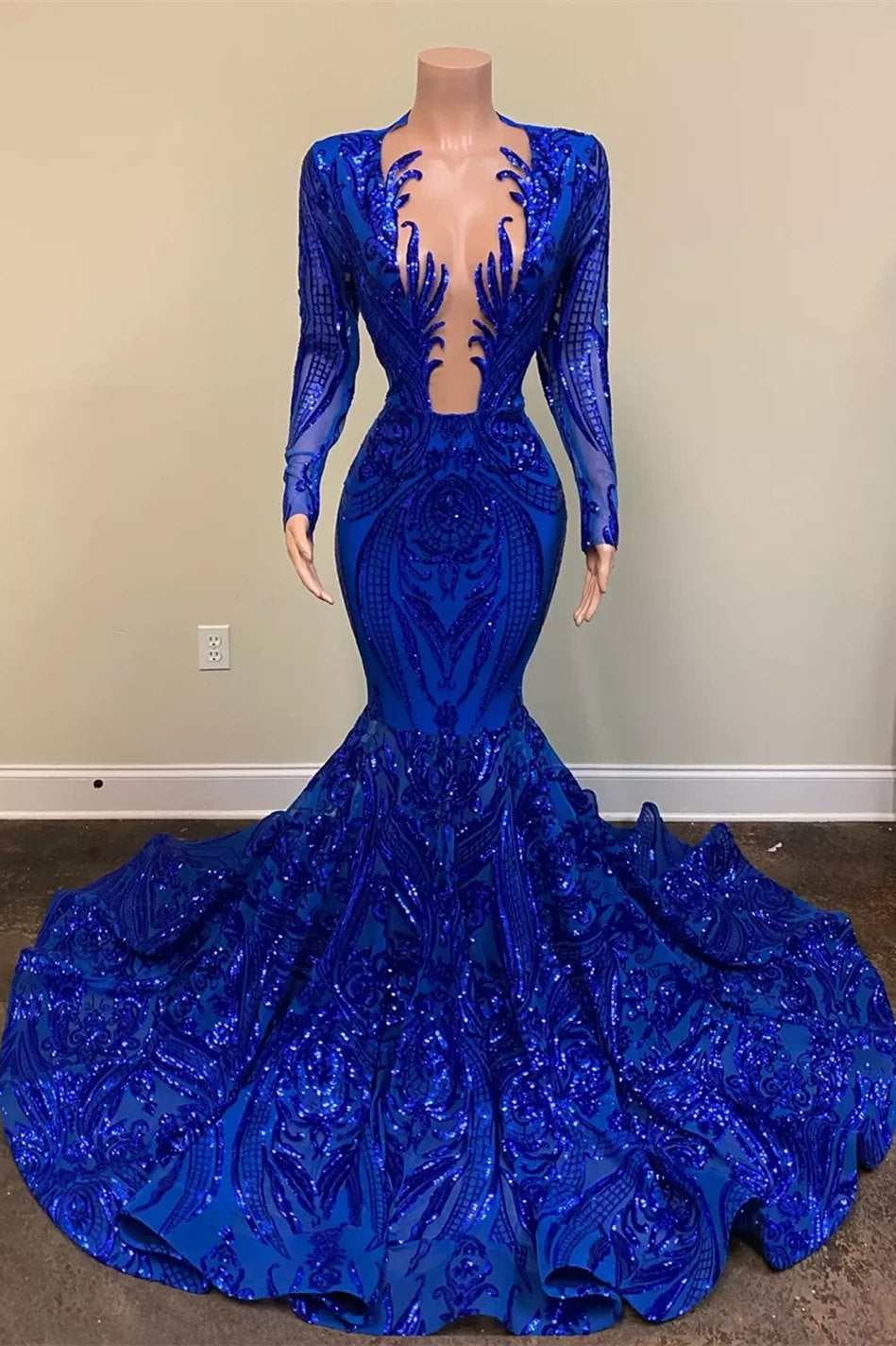Royal Blue Long Mermaid V-neck Sequin Prom Dresses with Sleeves