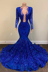 Royal Blue Long Mermaid V-neck Sequin Prom Dresses with Sleeves