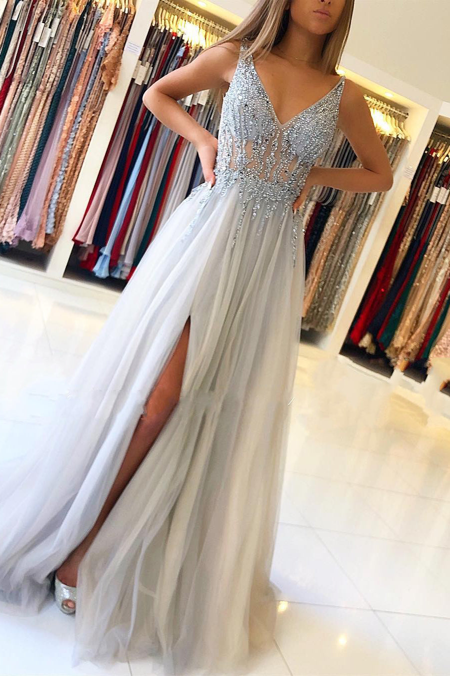 Long V-neck Beading A-Line Ruffles Tulle Prom Dress With Slit