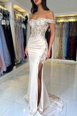 Long Mermaid Off the Shoulder Satin Appliques Lace Formal Prom Dresses with Slit