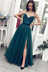 Long Sweetheart Spaghetti Straps A-line Beading Tulle Floor Length Prom Dress With Slit