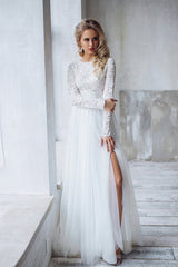 Long A-line Lace Chiffon Two Piece Wedding Dress	 with Sleeves