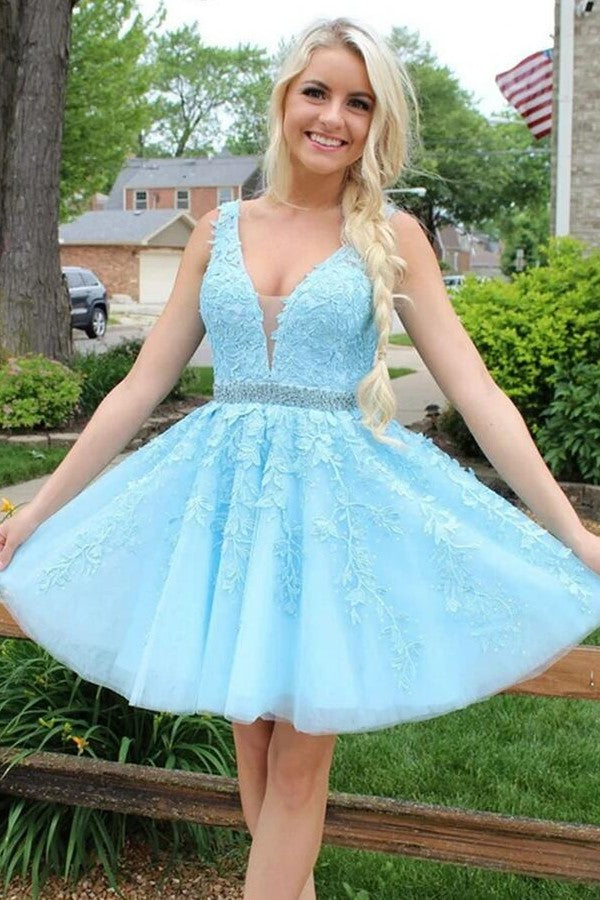 V-neck A-line Appliques Lace Backless Tulle Ruffles Short Homecoming Dress