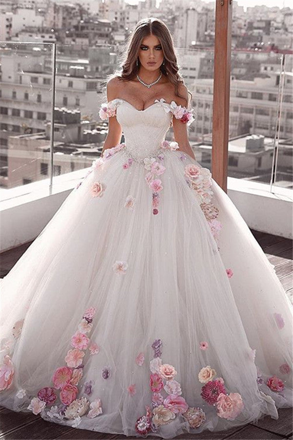 Elegant Long Off The Shoulder Flower Ball Gown Tulle Wedding Dresses